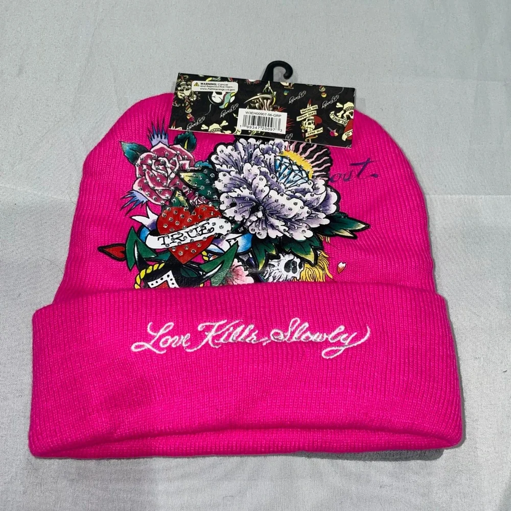 Ed Hardy 2 Pack Beanies Grey Tiger Pink Love Kills Slowly Rhinestone